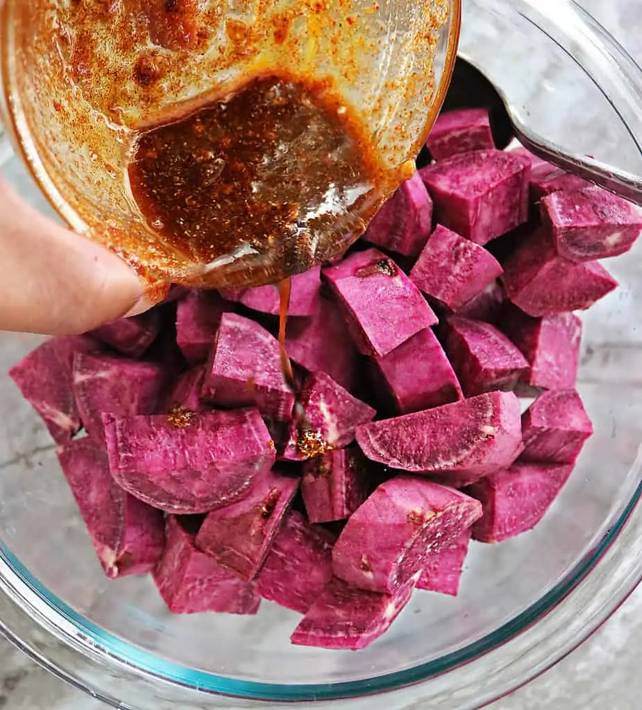 Roasted Sweet & Purple Potatoes With Green Chili-Cilantro