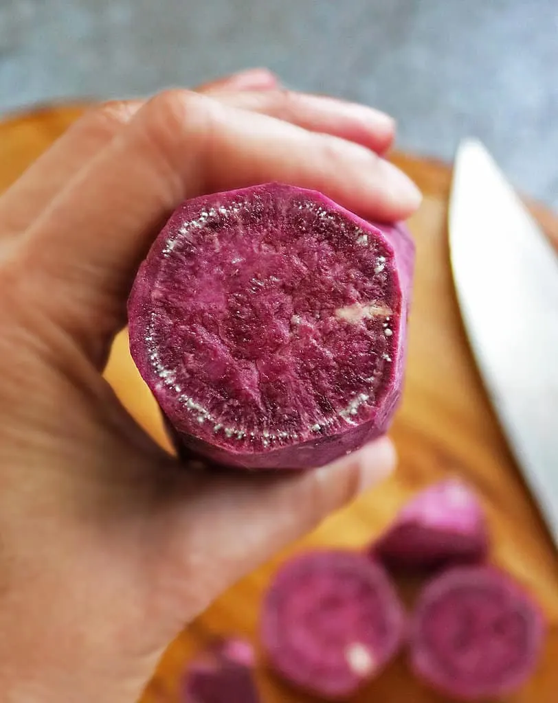 Roasted Sweet & Purple Potatoes With Green Chili-Cilantro