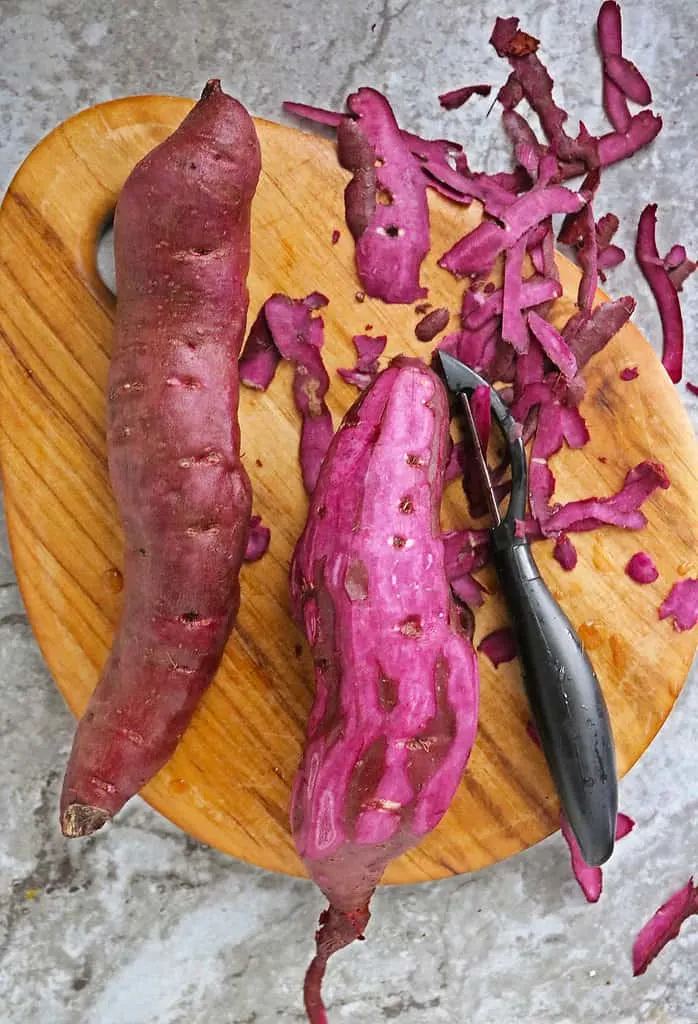 Roasted Sweet & Purple Potatoes With Green Chili-Cilantro