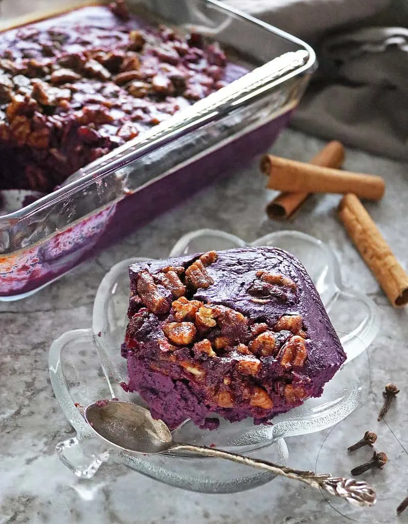 My favorite Refined sugar-free, Dairy-free purple sweet potato souffle with cranberries