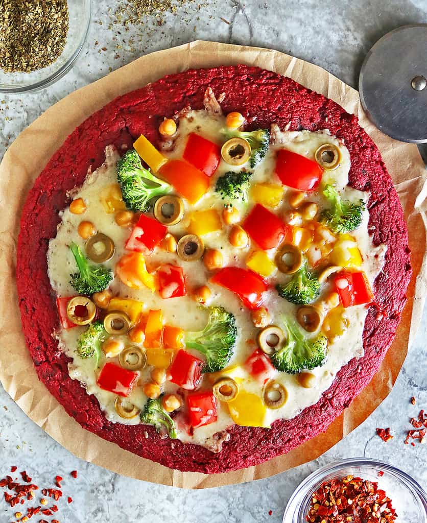 Beautiful and vibrant unique pizza crust made with beetroot.