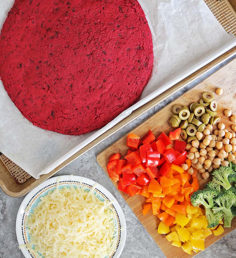 Beet pizza crust ready to top with your favorite toppings.
