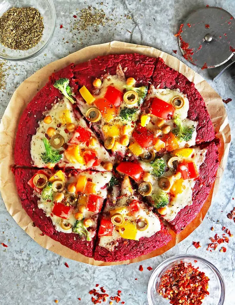 Pizza crust made with beetroot is perfect for Valentine's Day.