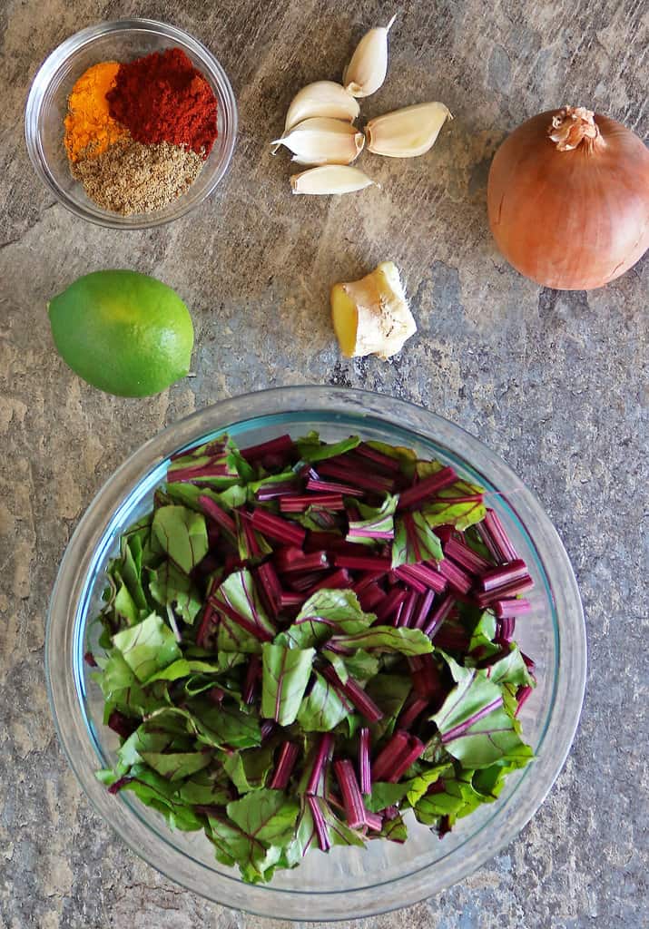 The 8 ingredients needed to make this beet greens recipe.