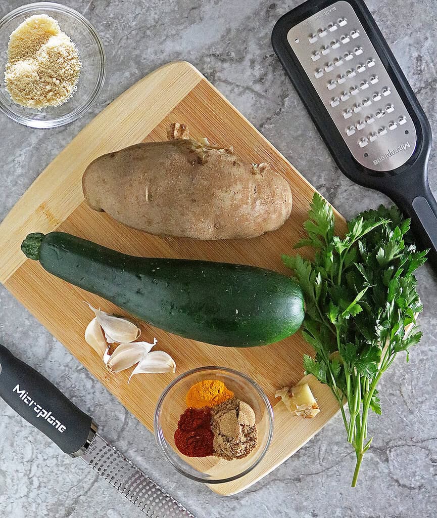 Nine ingredients to make Zucchini fritters.