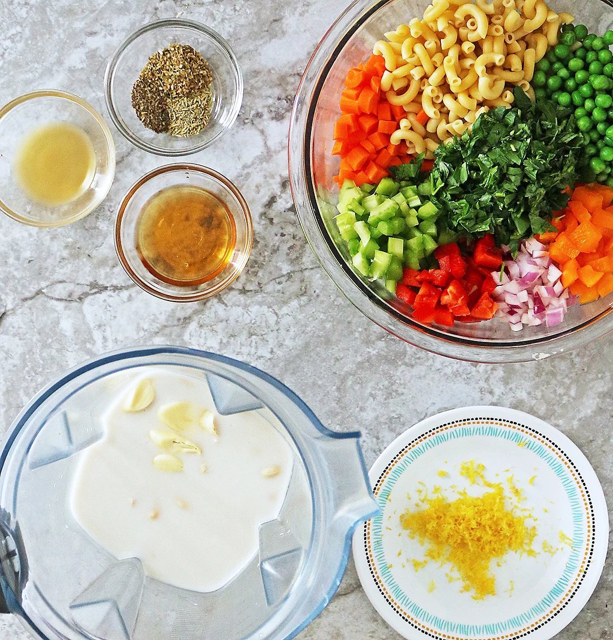 Making a crunchy creamy macaroni salad.