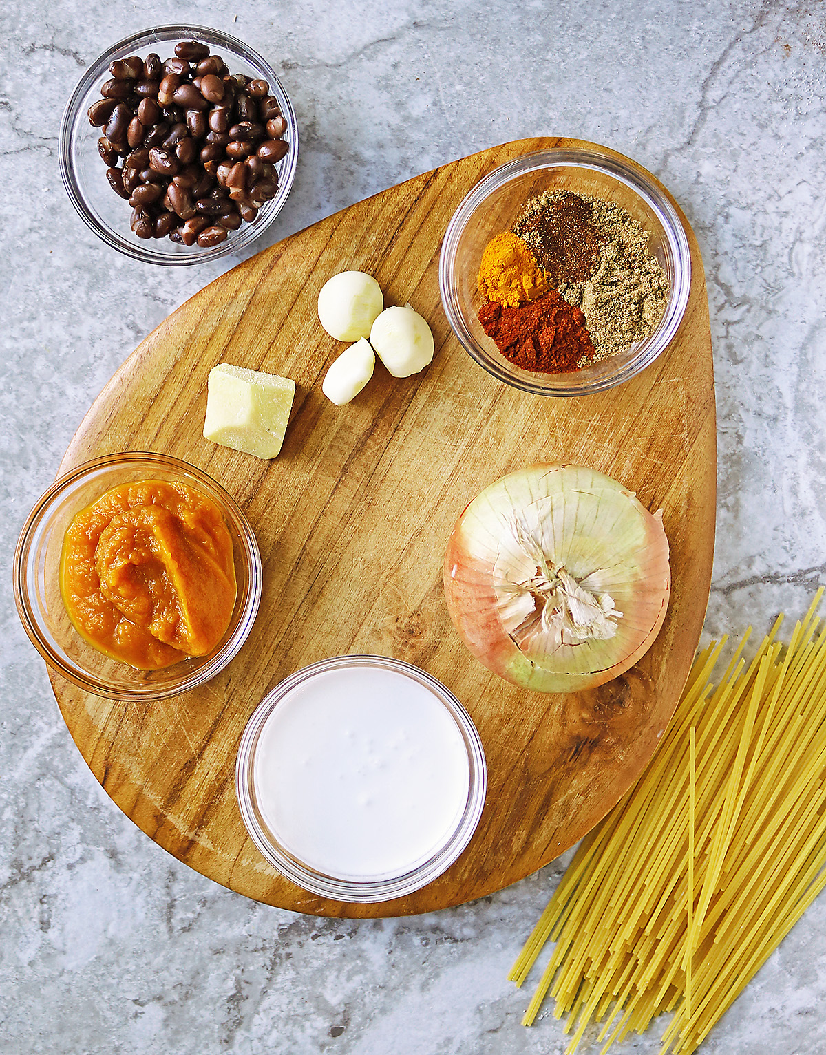 Ingredients to make Pasta and Beans in a rich Pumpkin Cream Sauce.