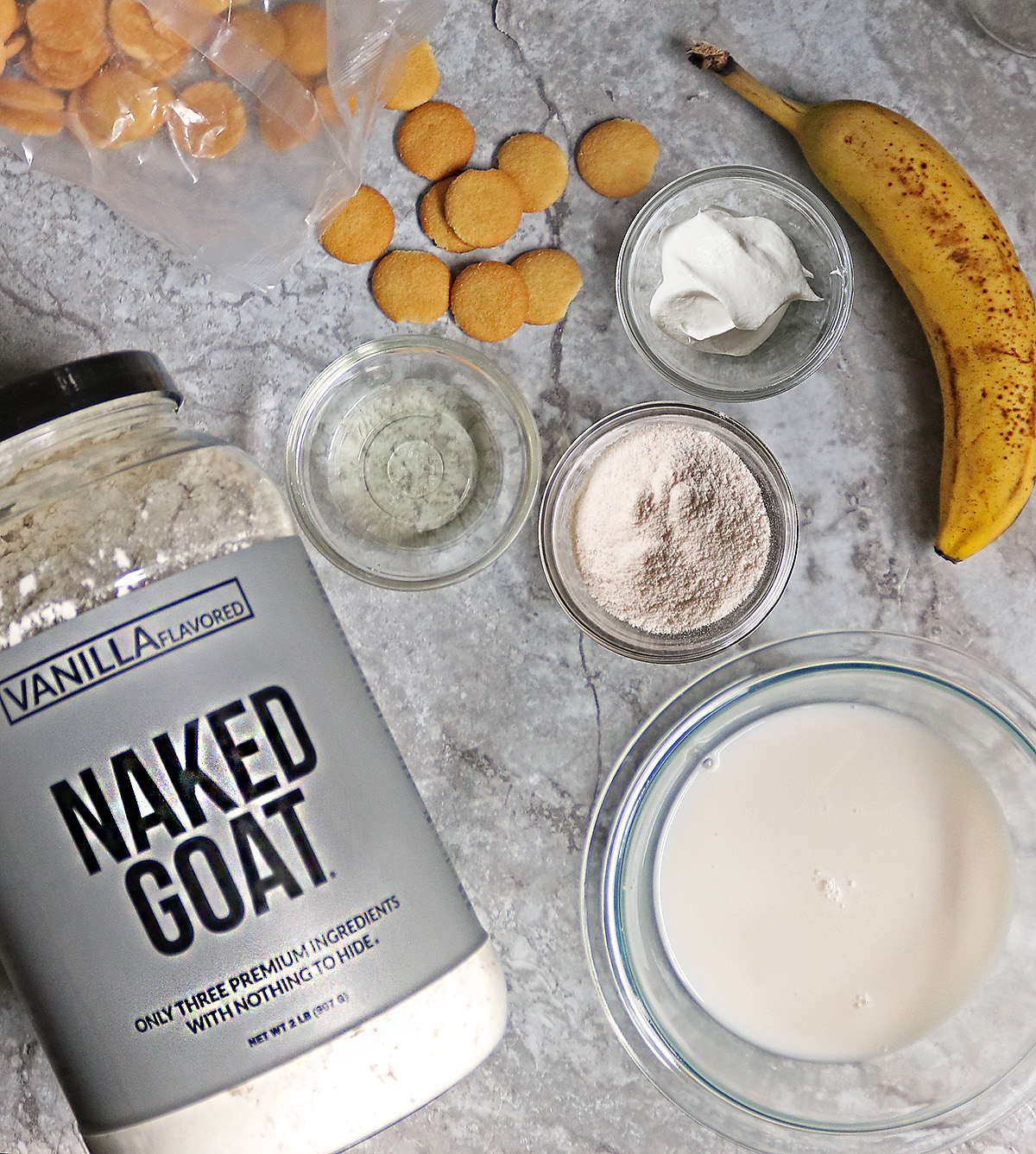 Ingredients to make protein packed banana pudding