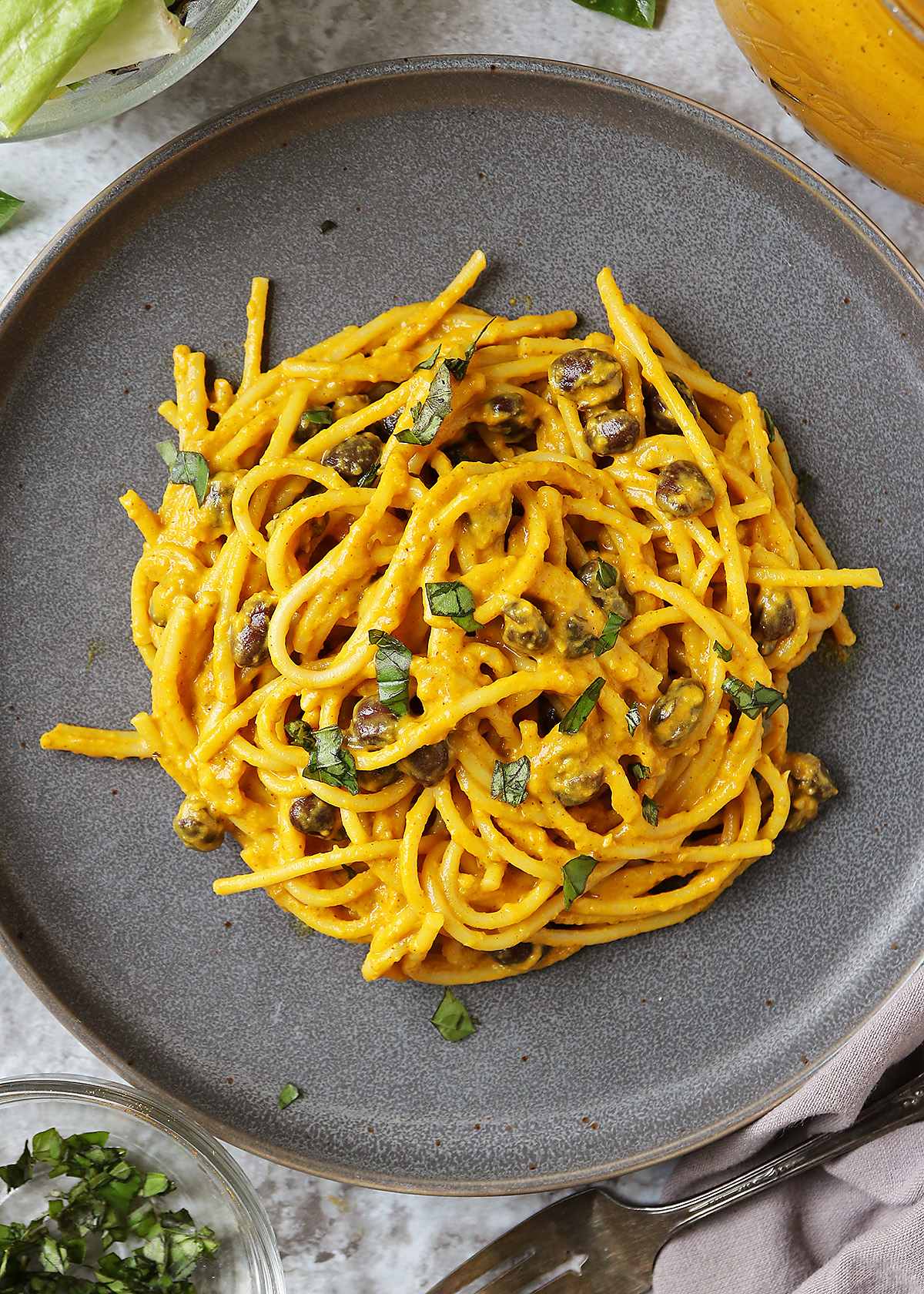 Spaghetti and Beans in Pumpkin Cream Sauce.