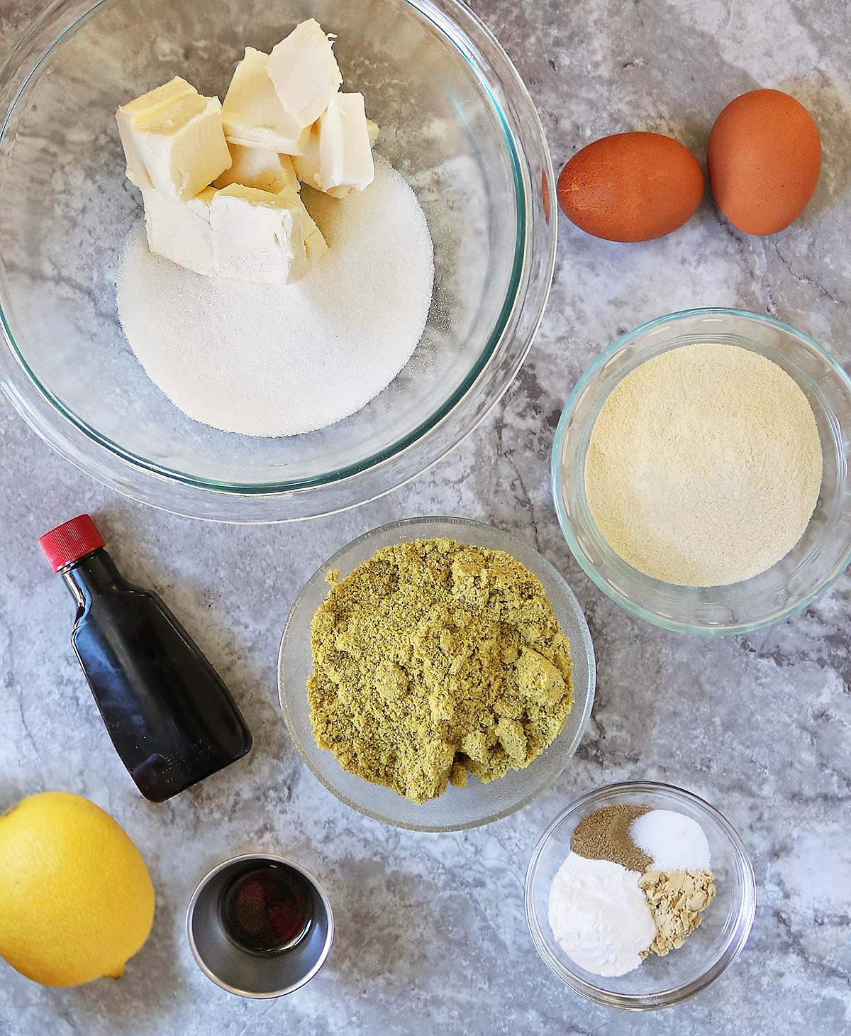 Ingredients to make lemon pistachio cake