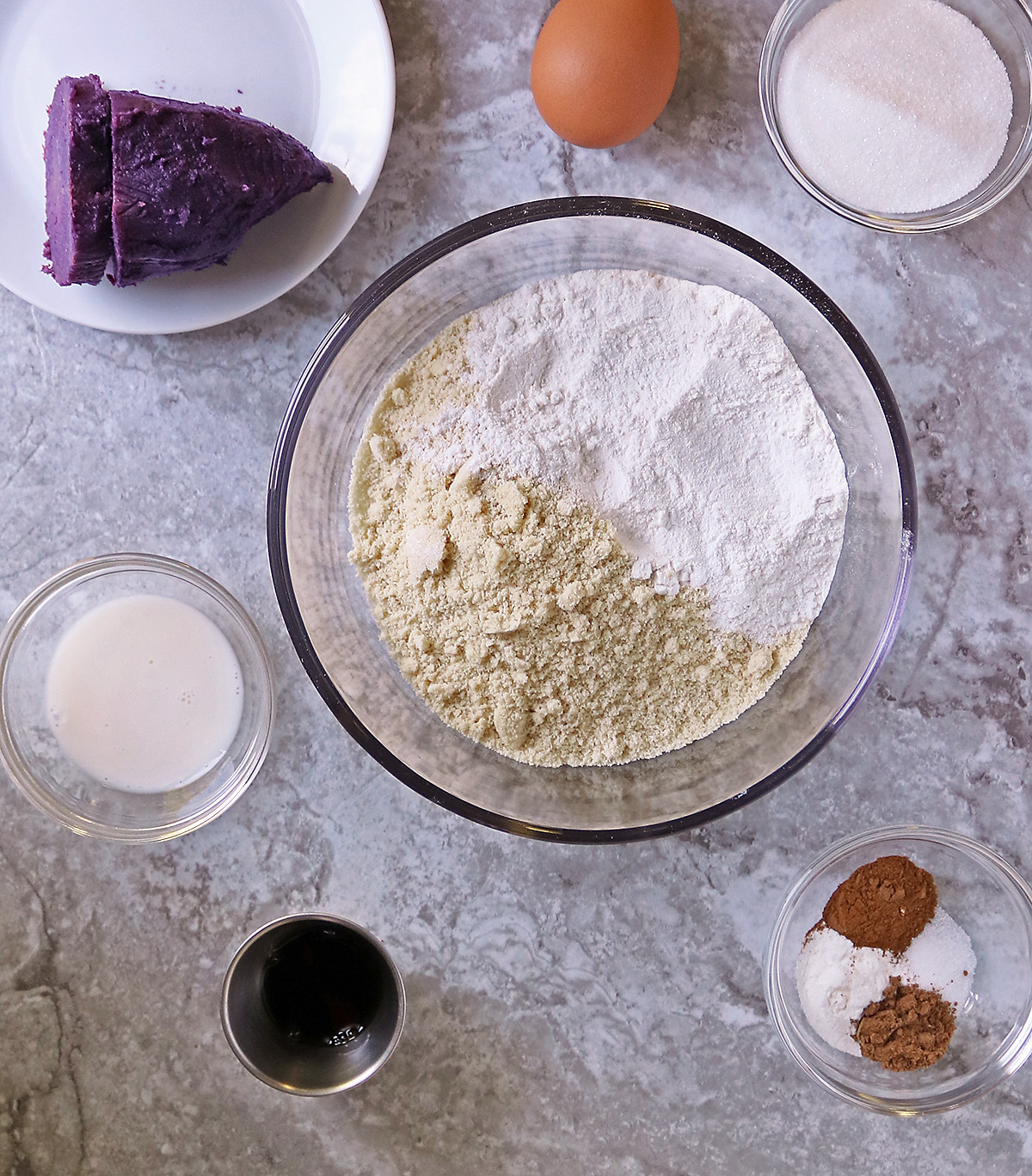 11 Ingredients to make purple sweet potato muffin tops.