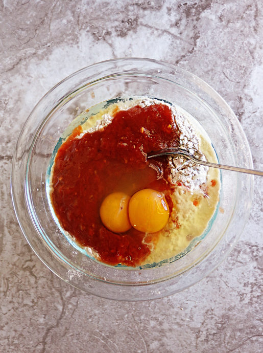 Mixing all the wet and dry ingredients together in one bowl