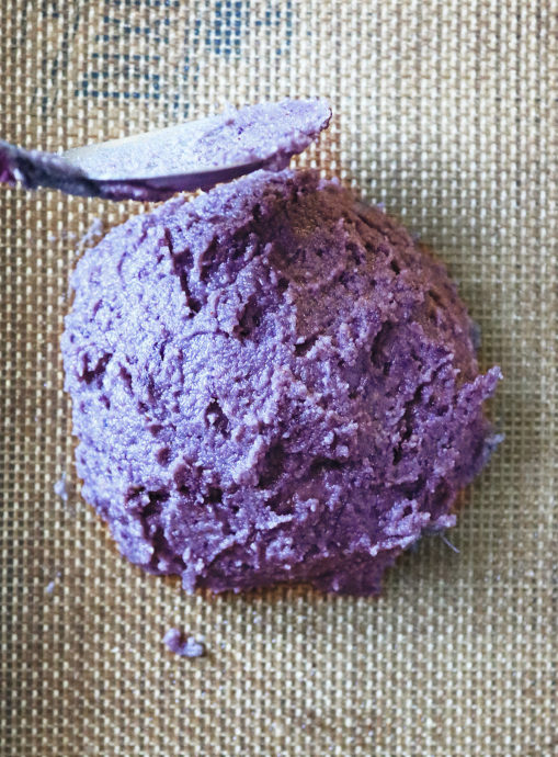 Shaping the purple sweet potato muffin tops