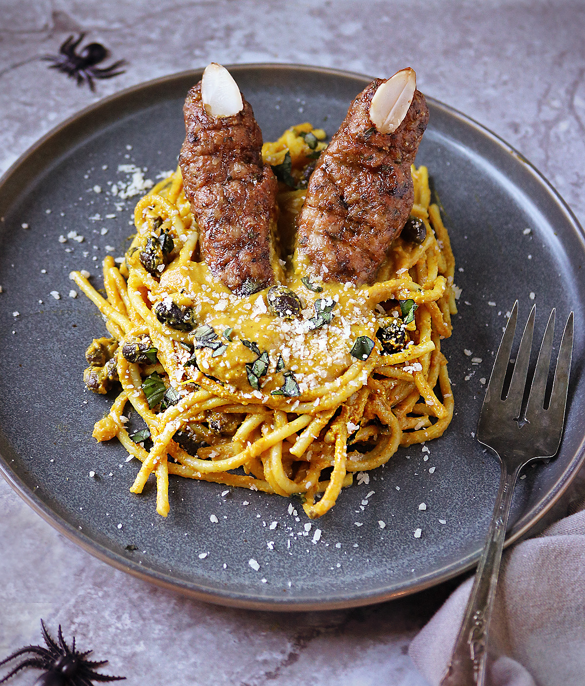 Tasty Chicken Fingers with Pumpkin Pasta and Basil