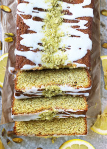 Overhead view of The best pistachio cake with lemon.