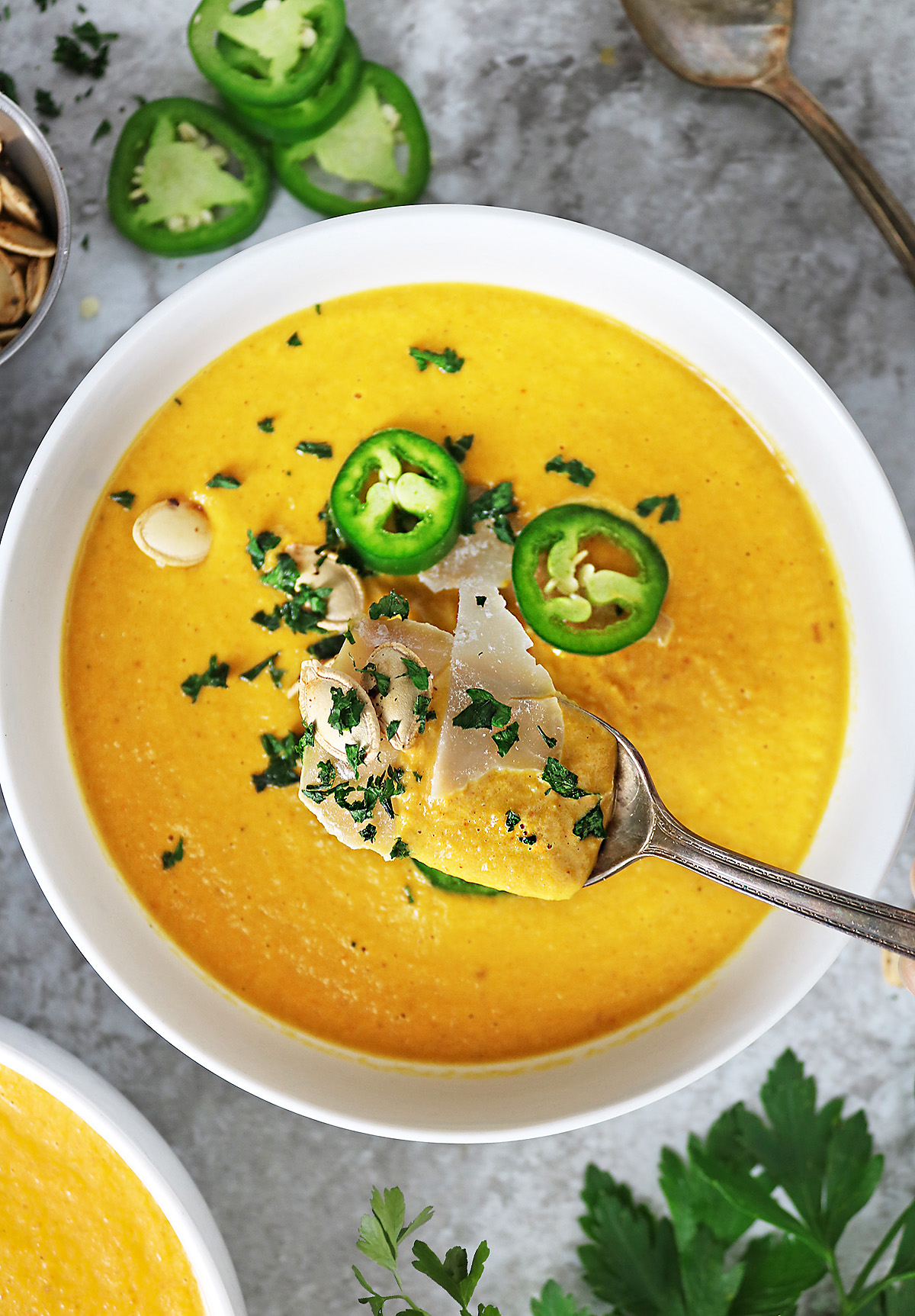 A big spoonful of Vegan Harissa Pumpkin Guts Soup