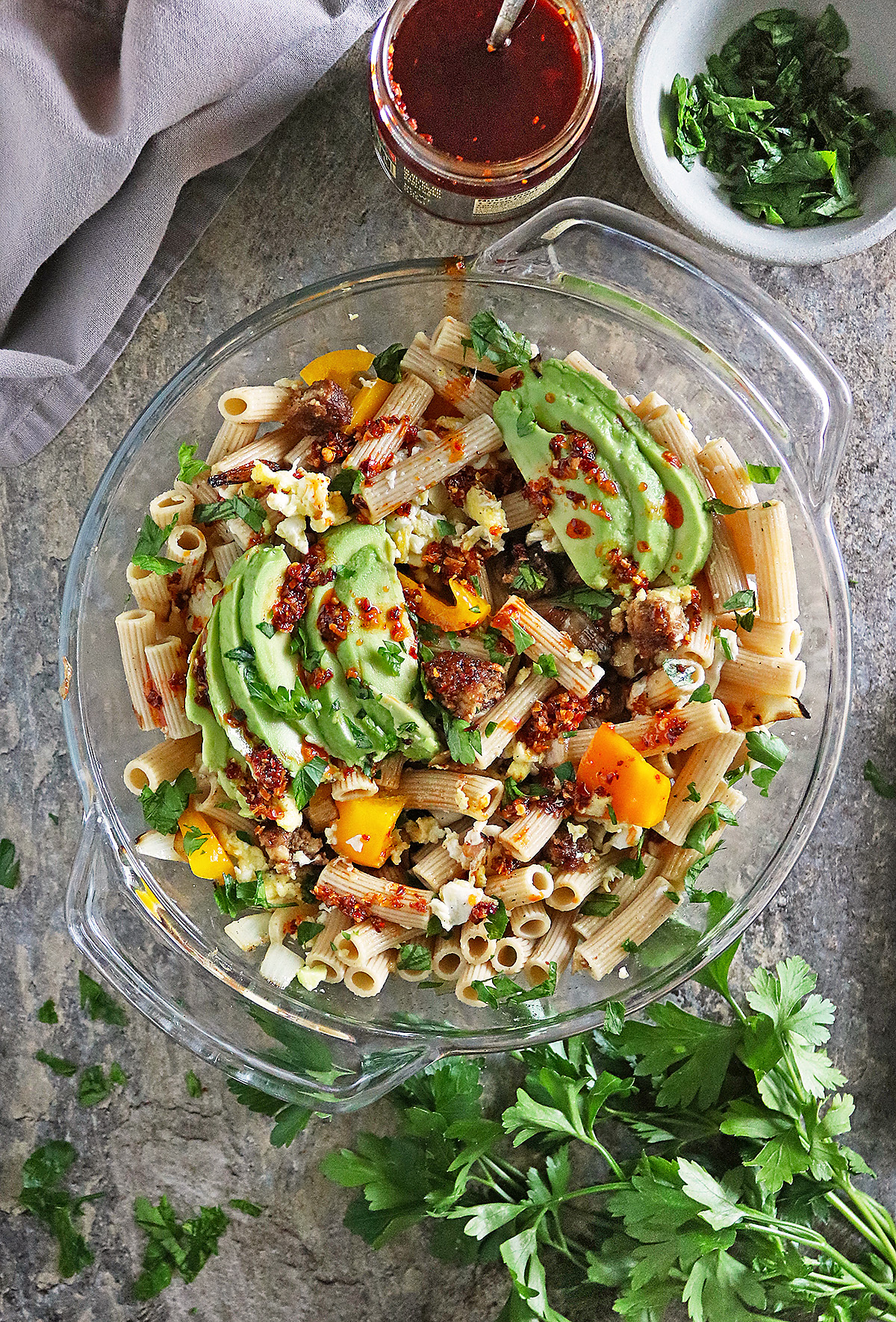 Easy high protein breakfast pasta in a large bowl.