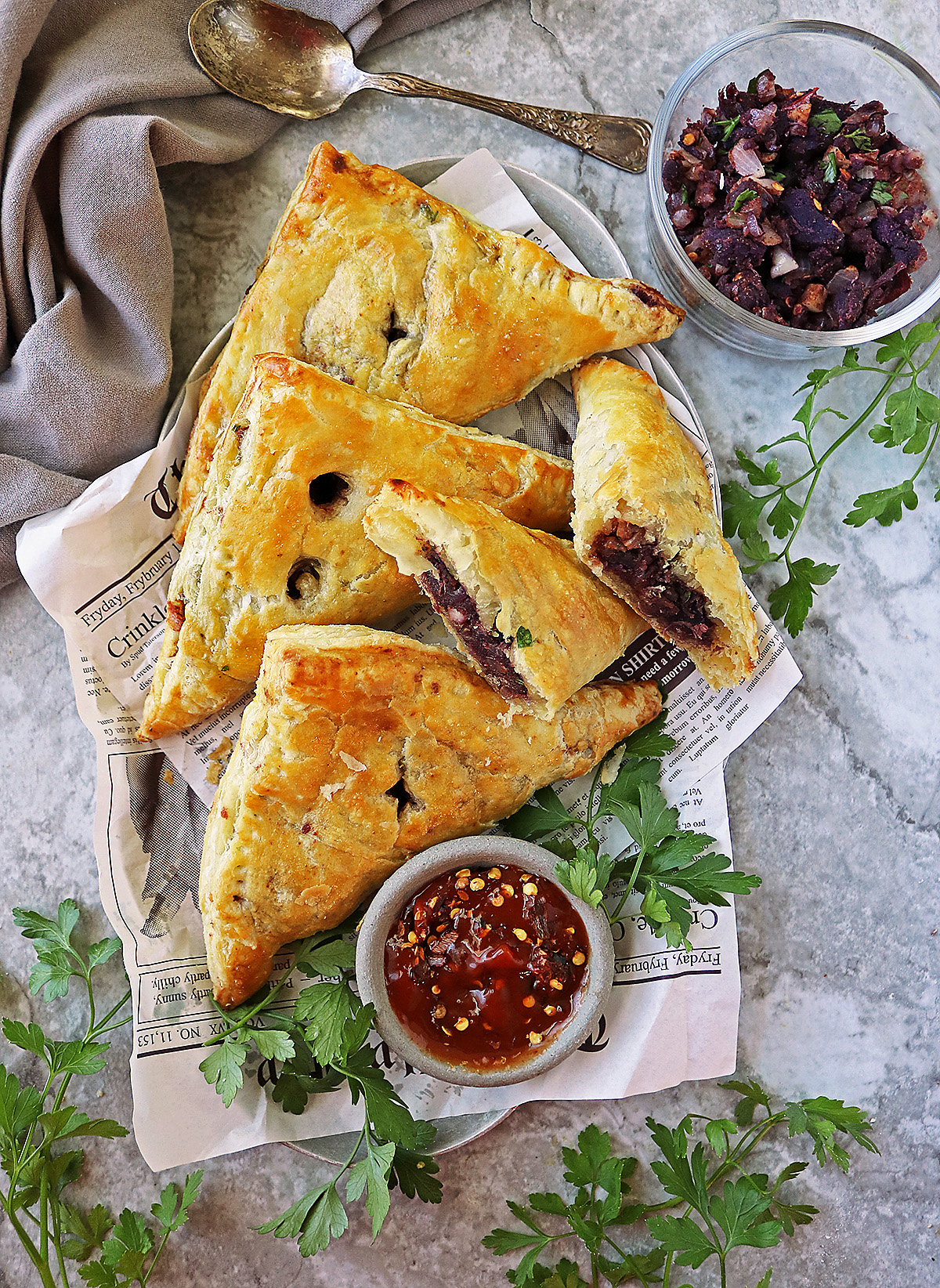 Easy purple sweet potato puffs on a tray are perfect for holiday parties and dinners.