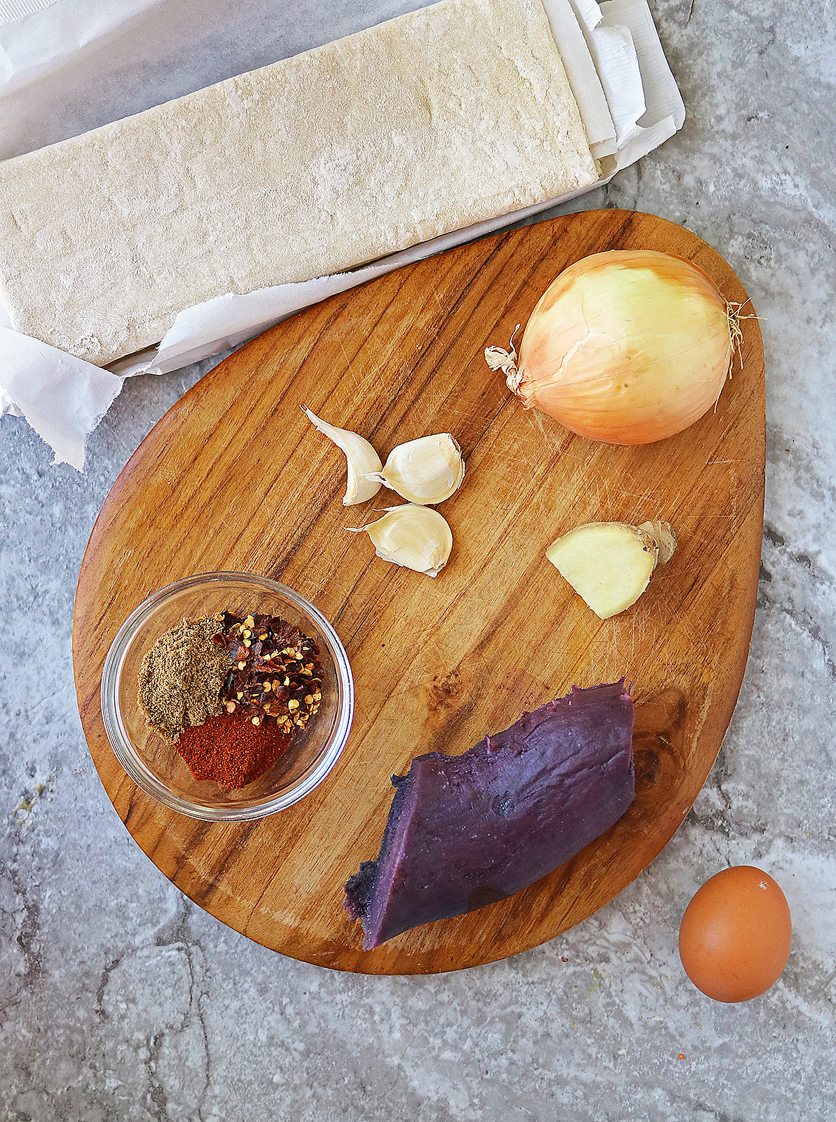 Ingredients to make purple sweet potato puffs