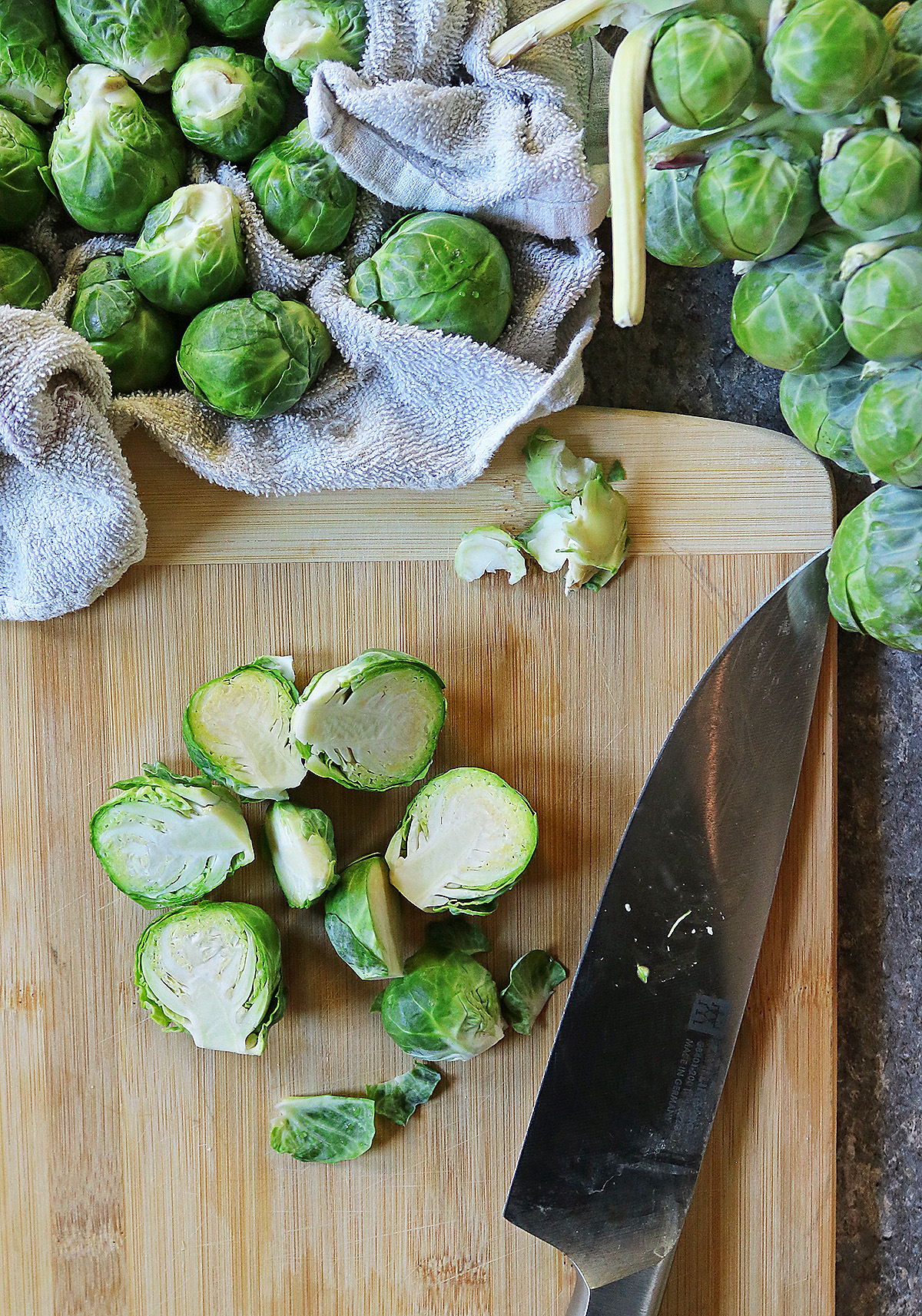 Prepping the brussels sprouts