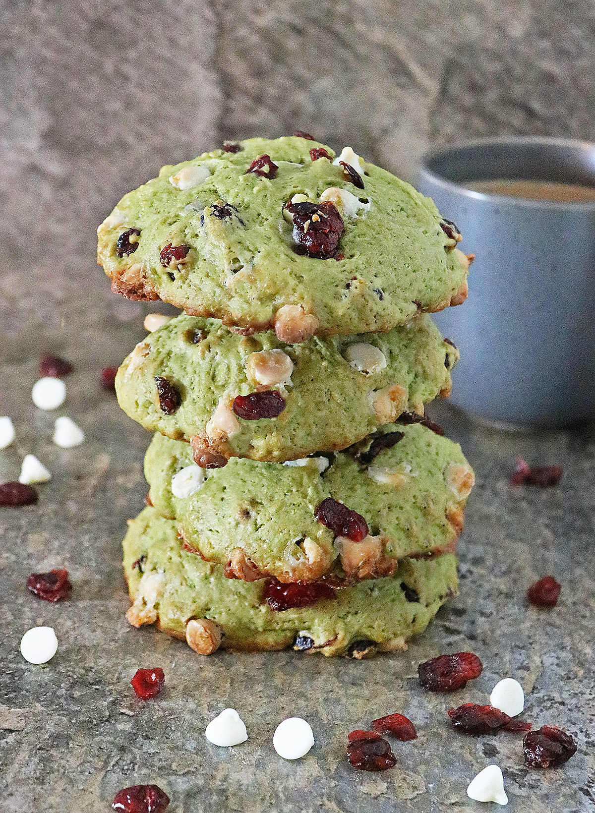 Easy Christmas Muffin tops without artificial food coloring, stacked together.