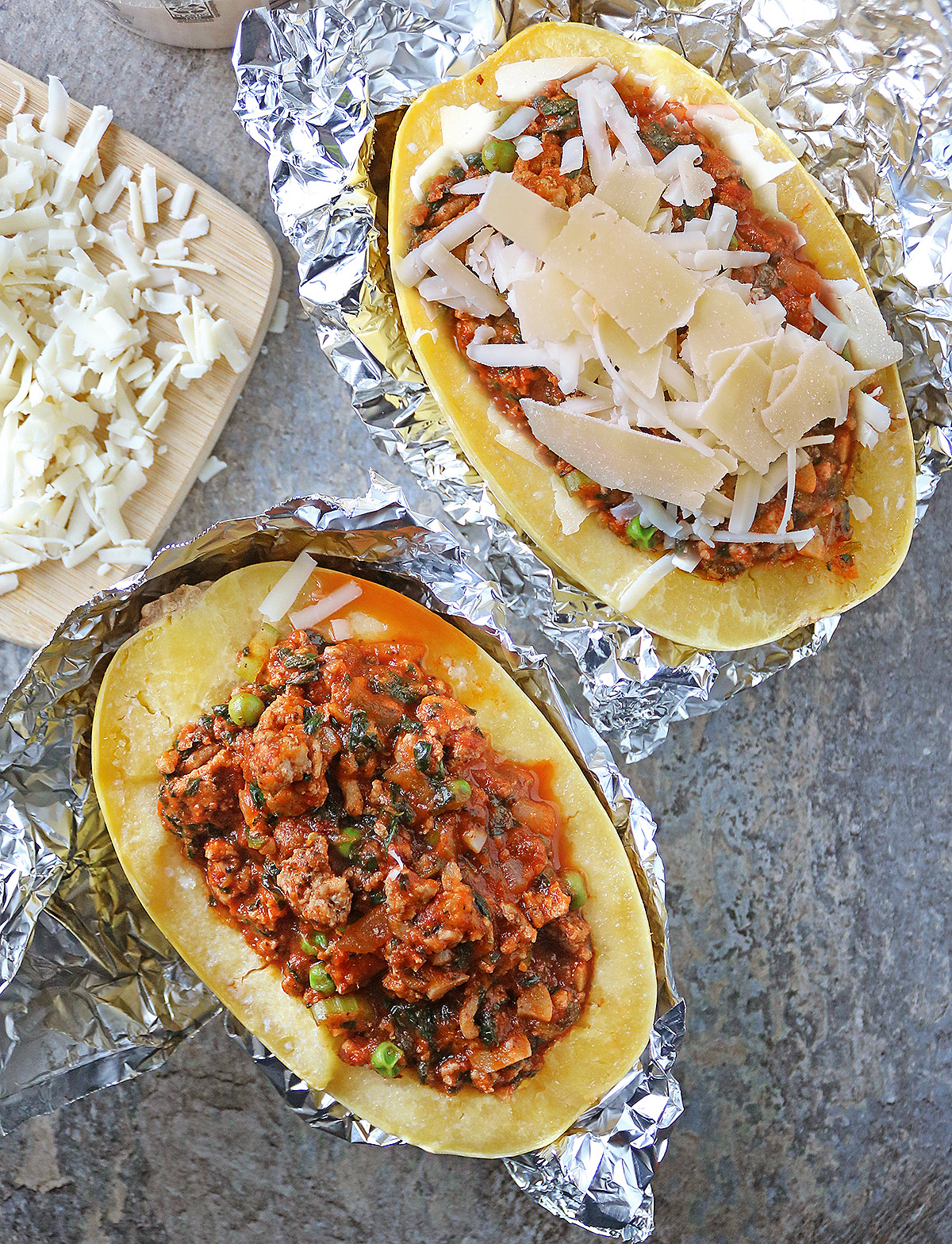 Adding cheese to these chicken stuffed spaghetti squash