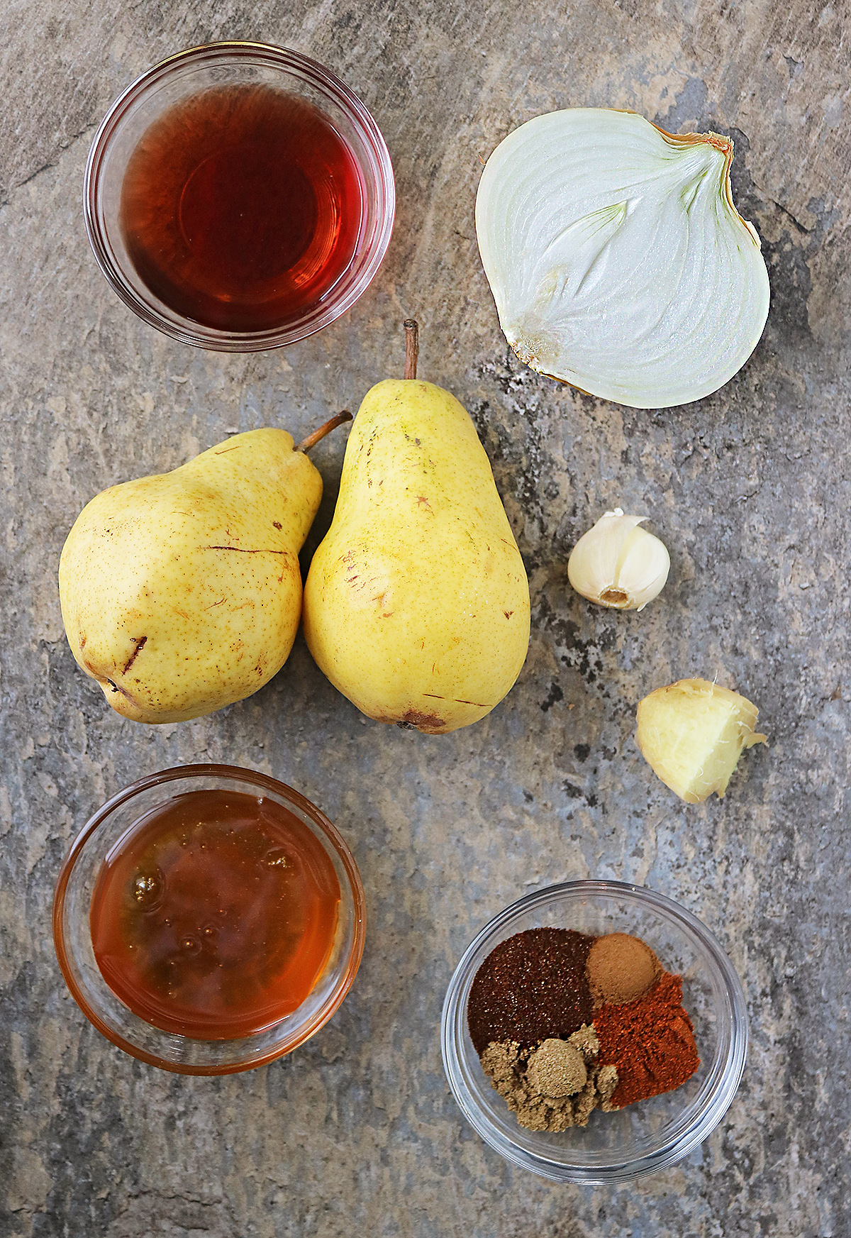 Ingredients needed to make pear chutney - NOT PICTURED ARE OIL, SALT AND PEPPER.