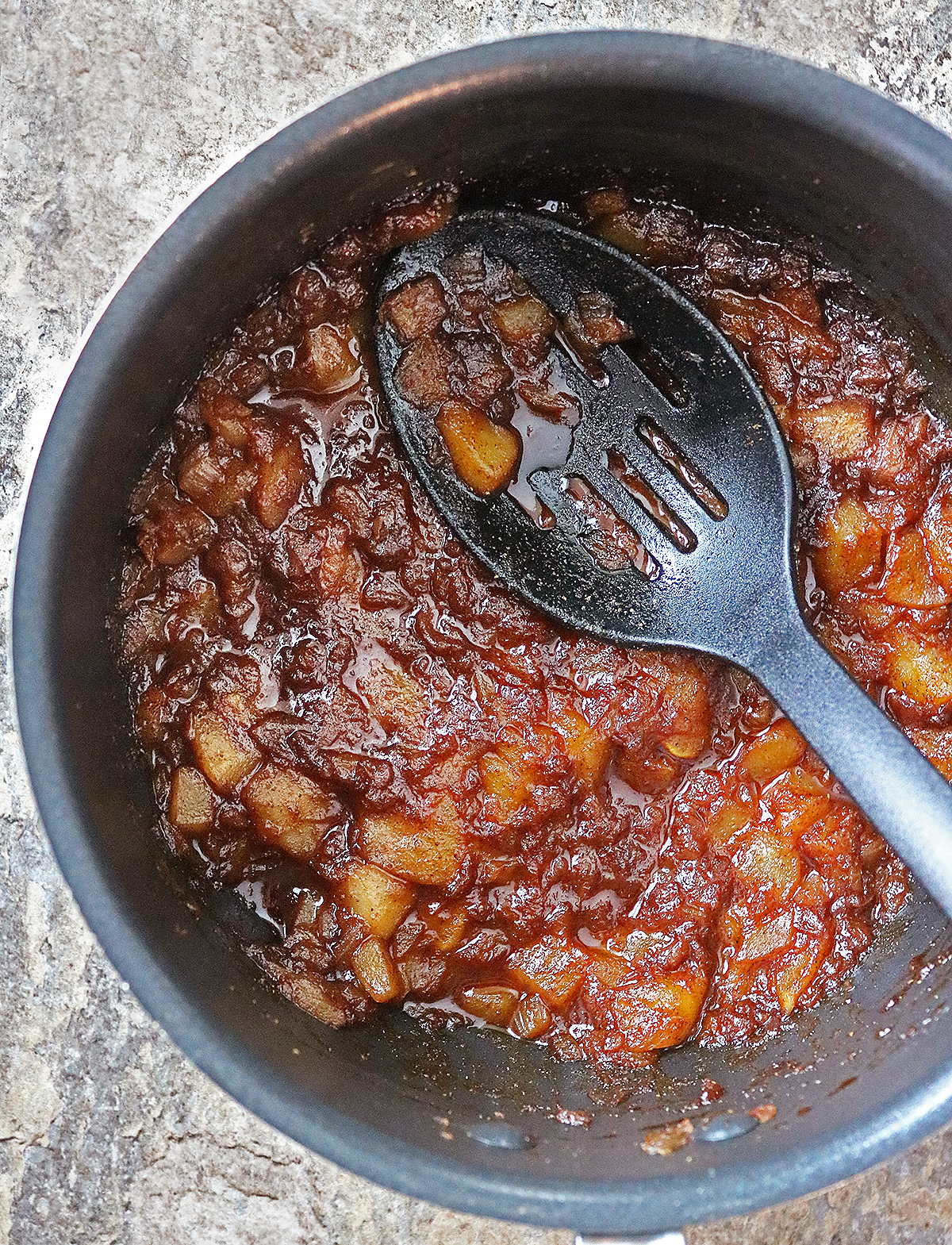 Mashing the pears for this chutney