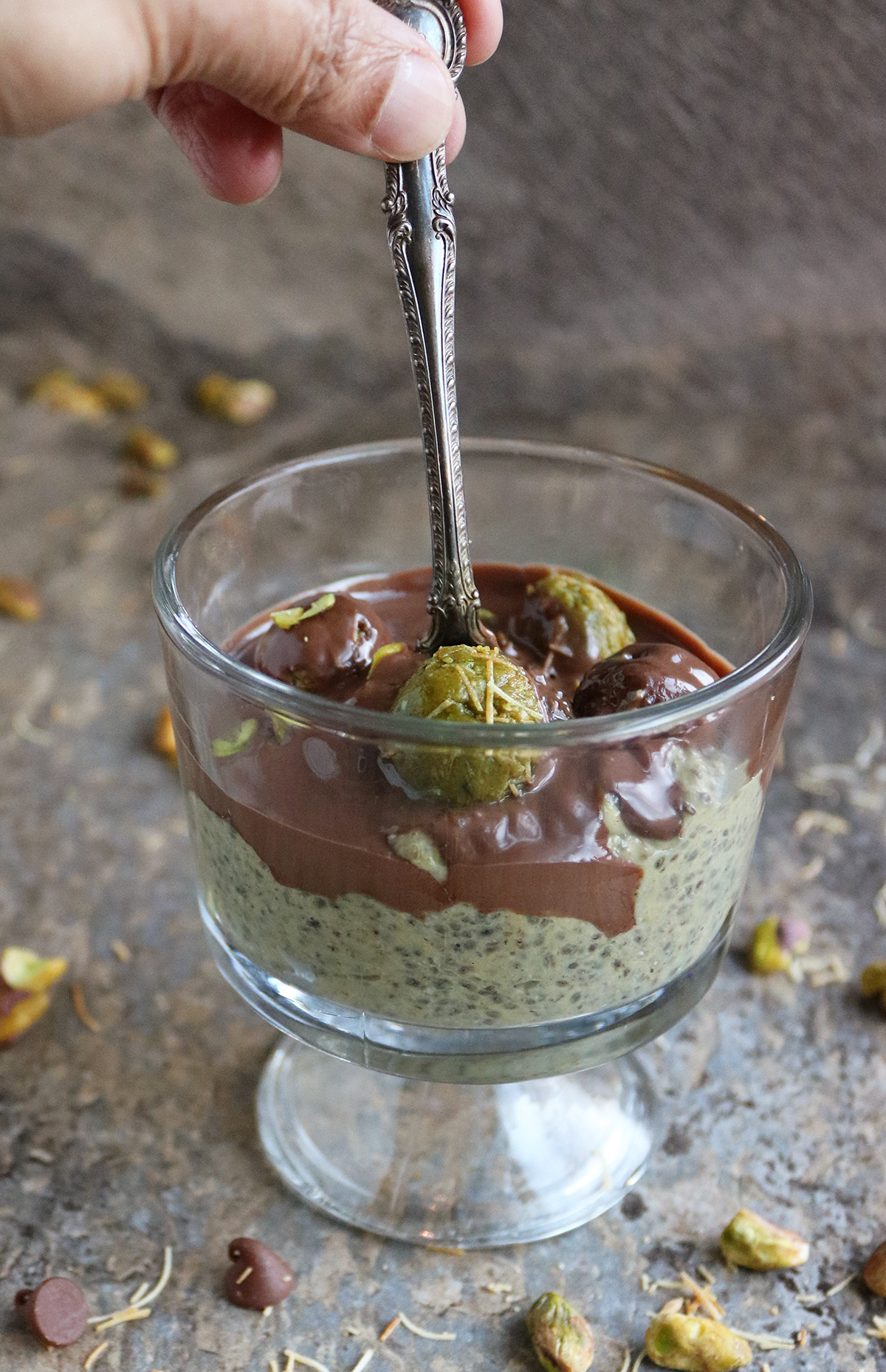 Dairy-free Dubai chocolate chia pudding.