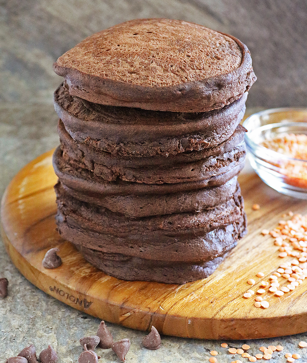 High protein chocolate lentil pancake stack