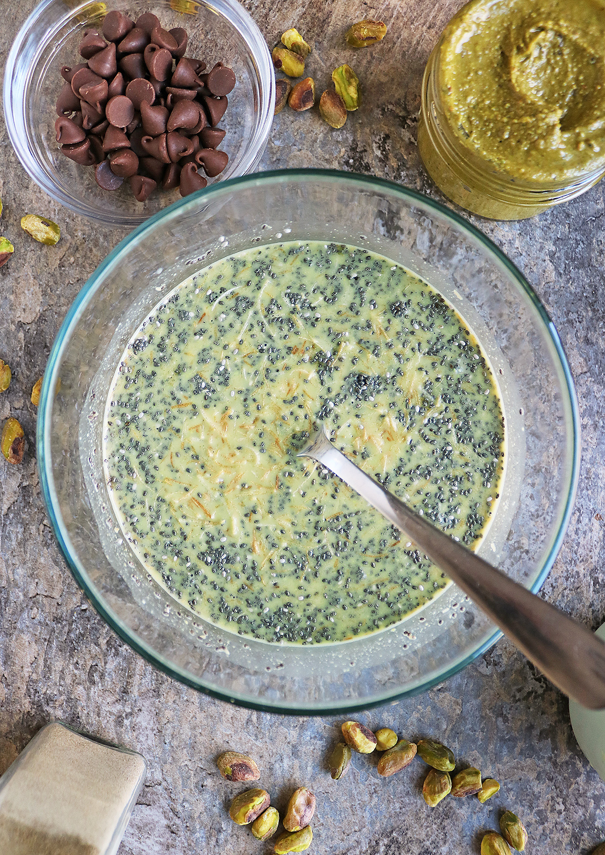 Mixing all the ingredients together for dubai chocolate chia pudding.