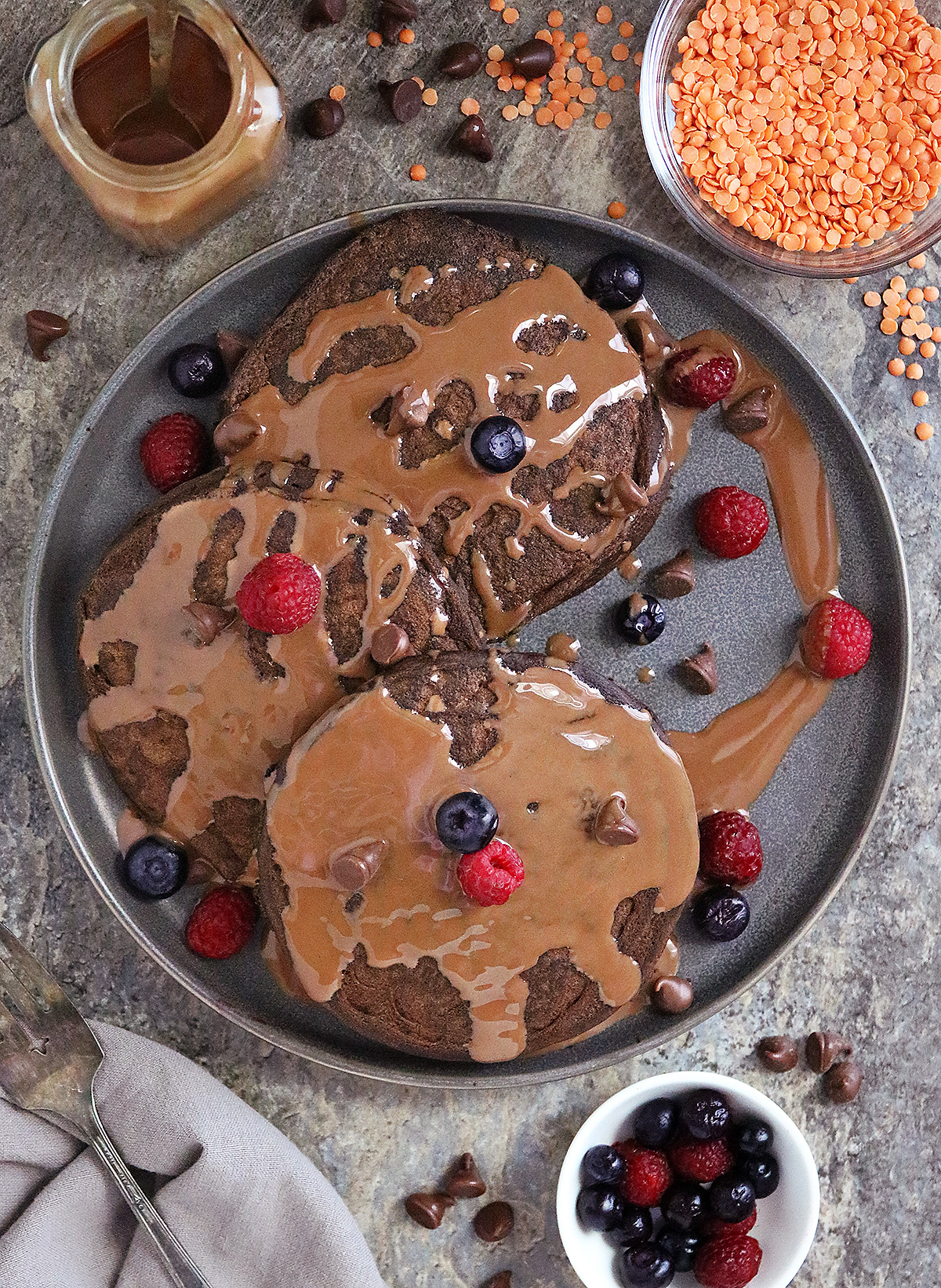 Plant-protein packed chocolate lentil pancakes