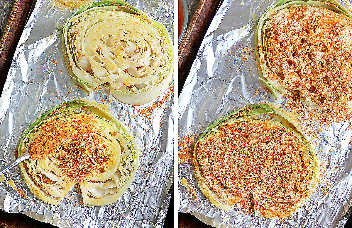 Adding spiced almond flour onto cabbage slices