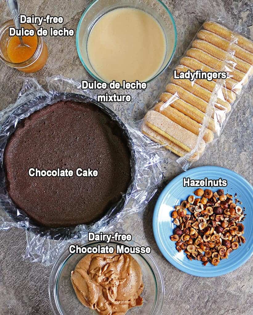 Ingredients to make Chocolate Dulce de leche hazelnut cake