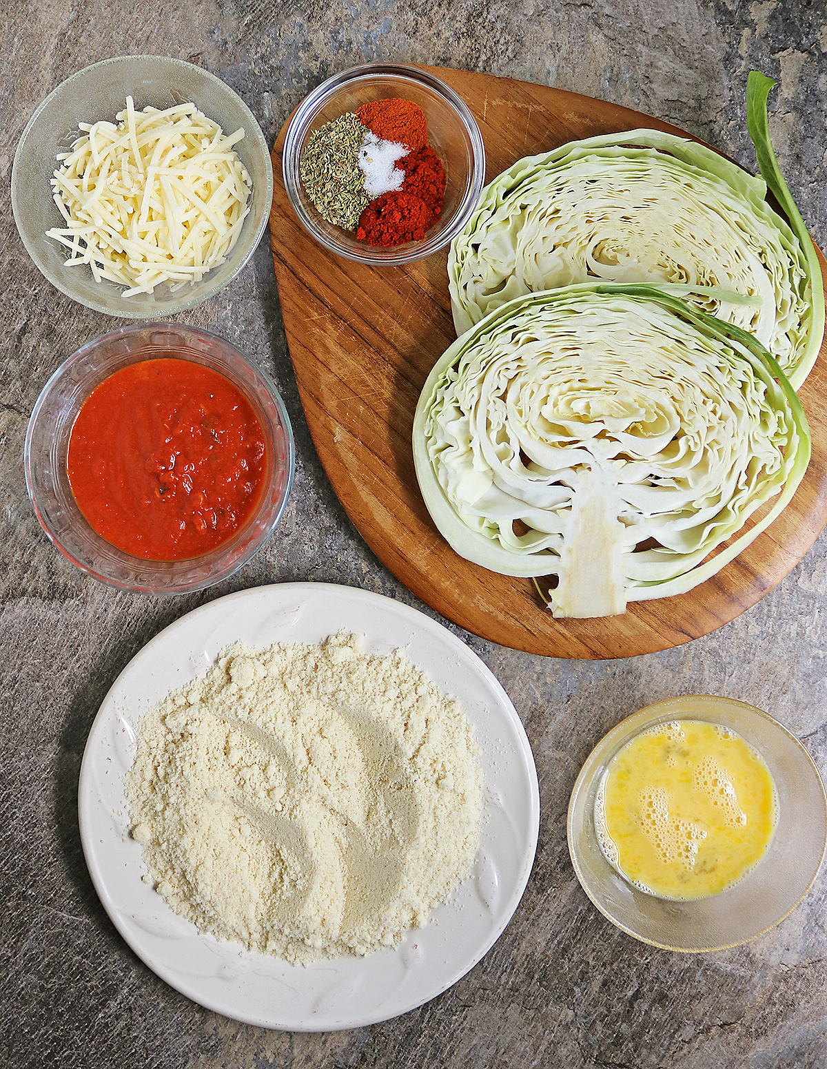 Ingredients to make cabbage parmesan for two