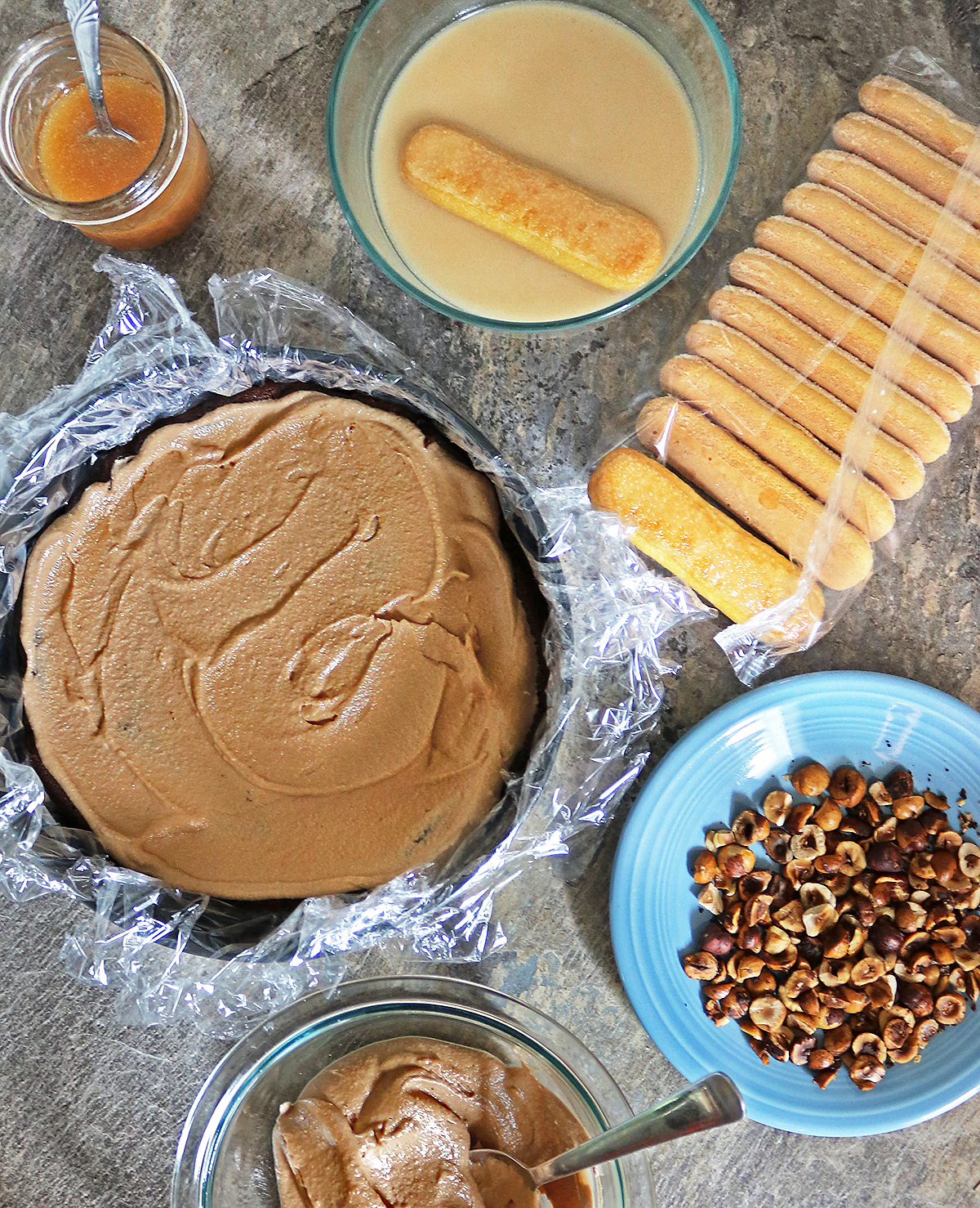 Layering chocolate mousse over chocolate cake