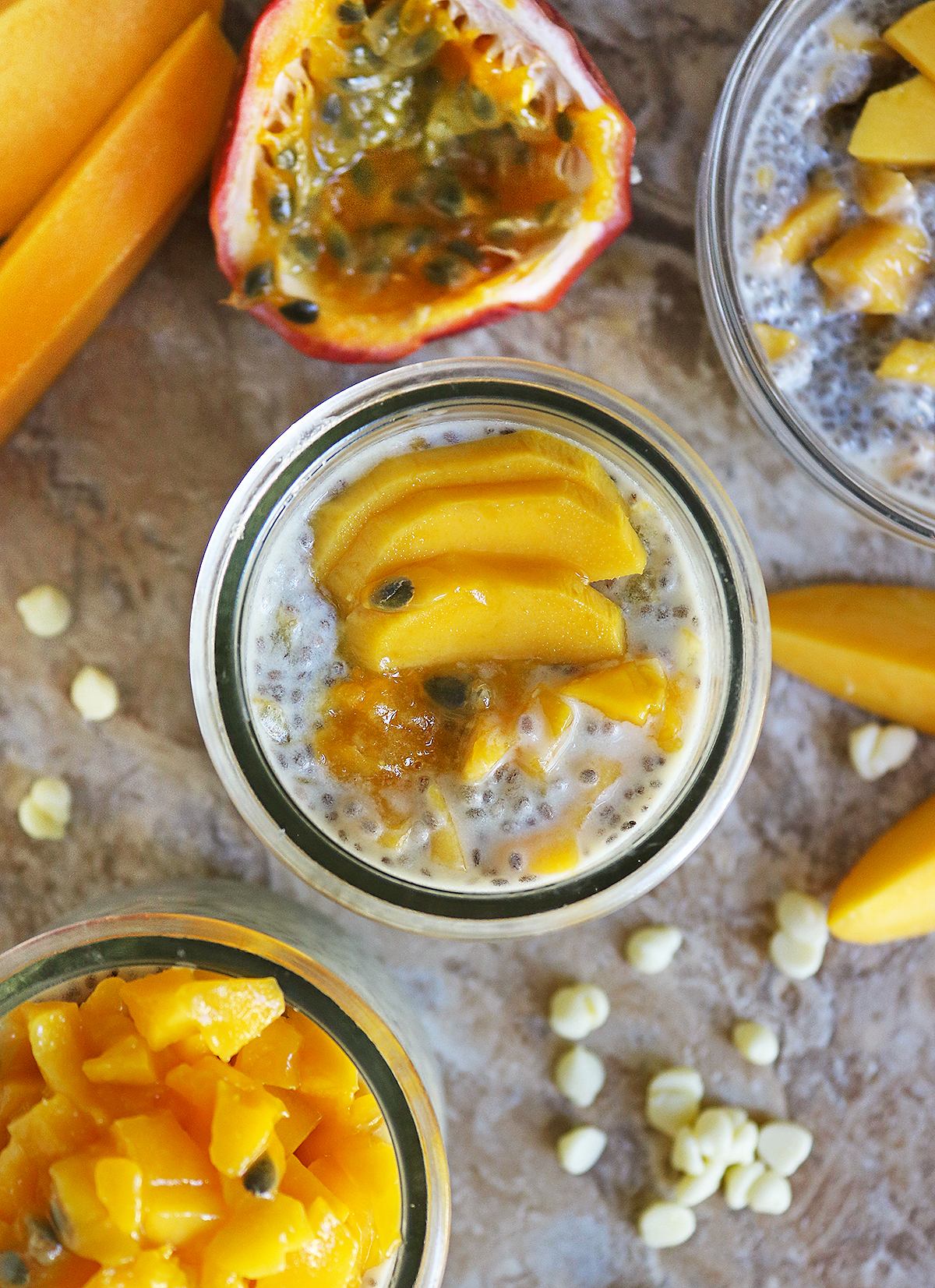 Delicious 5-ingredient mango passionfruit white chocolate chia pudding