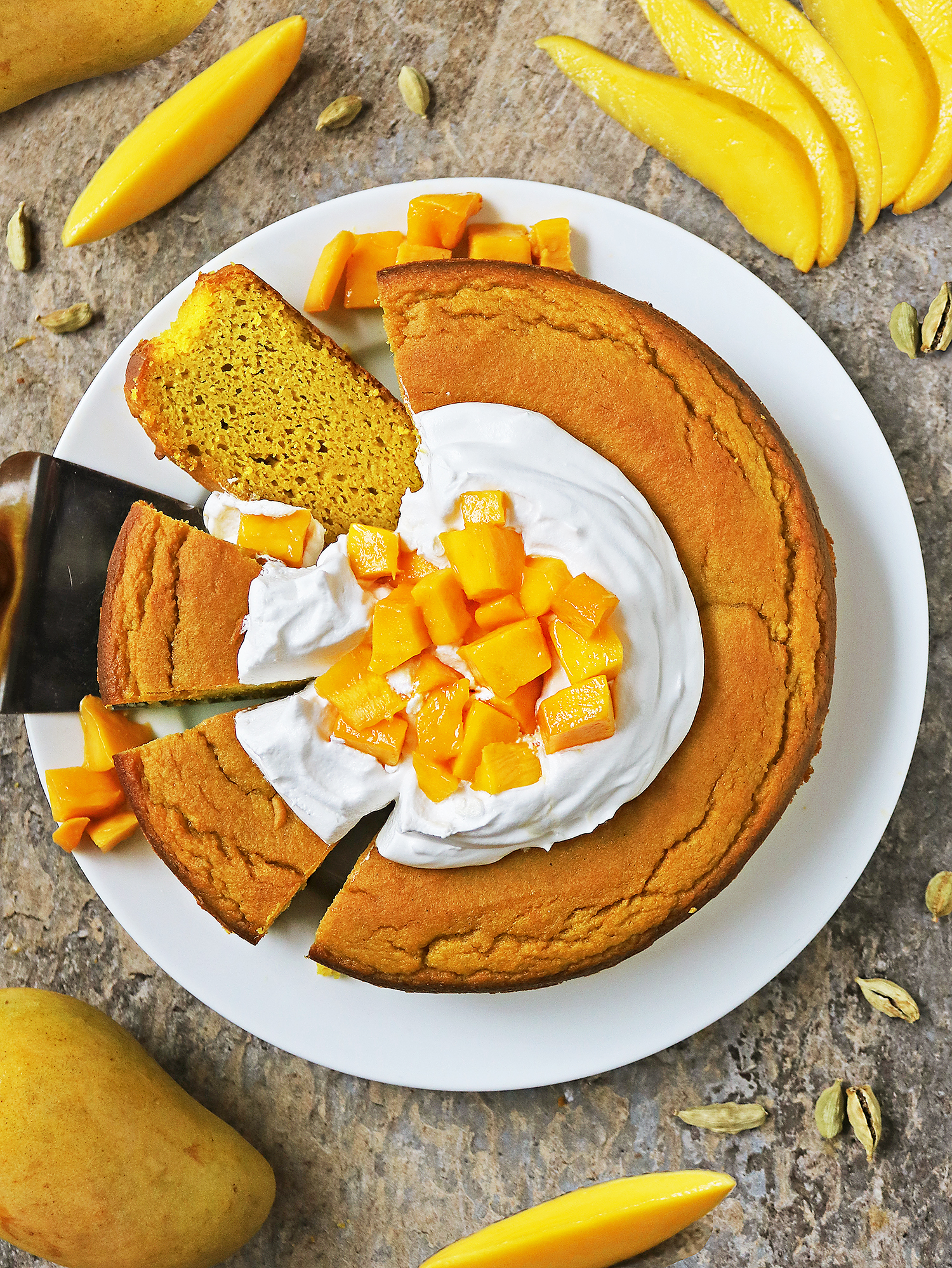 Overhead view of this Delicious Refined Sugar-free Mango Cake