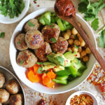 Easy za'atar turkeyballs IN A BOWL with fresh vegetables and rhubarb chutney.