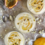 Passionfruit Mango Mousse in 3 glass bowls, chilled and ready to enjoy.