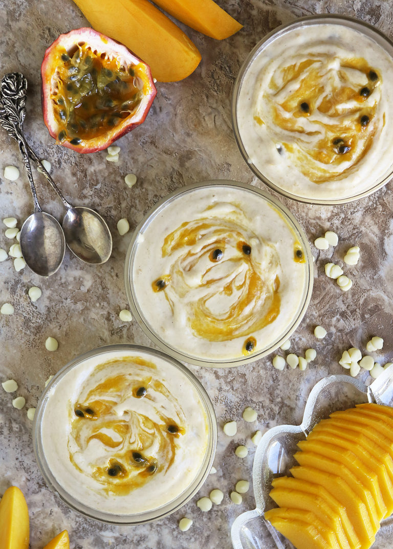 Passionfruit Mango Mousse in 3 glass bowls, chilled and ready to enjoy.