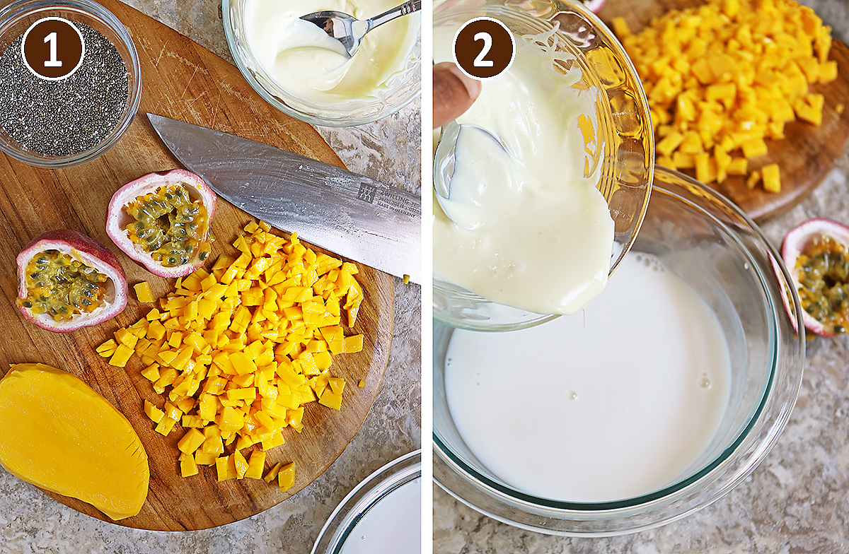 Step 1 and step 2 to make mango passionfruit white chocolate chia pudding