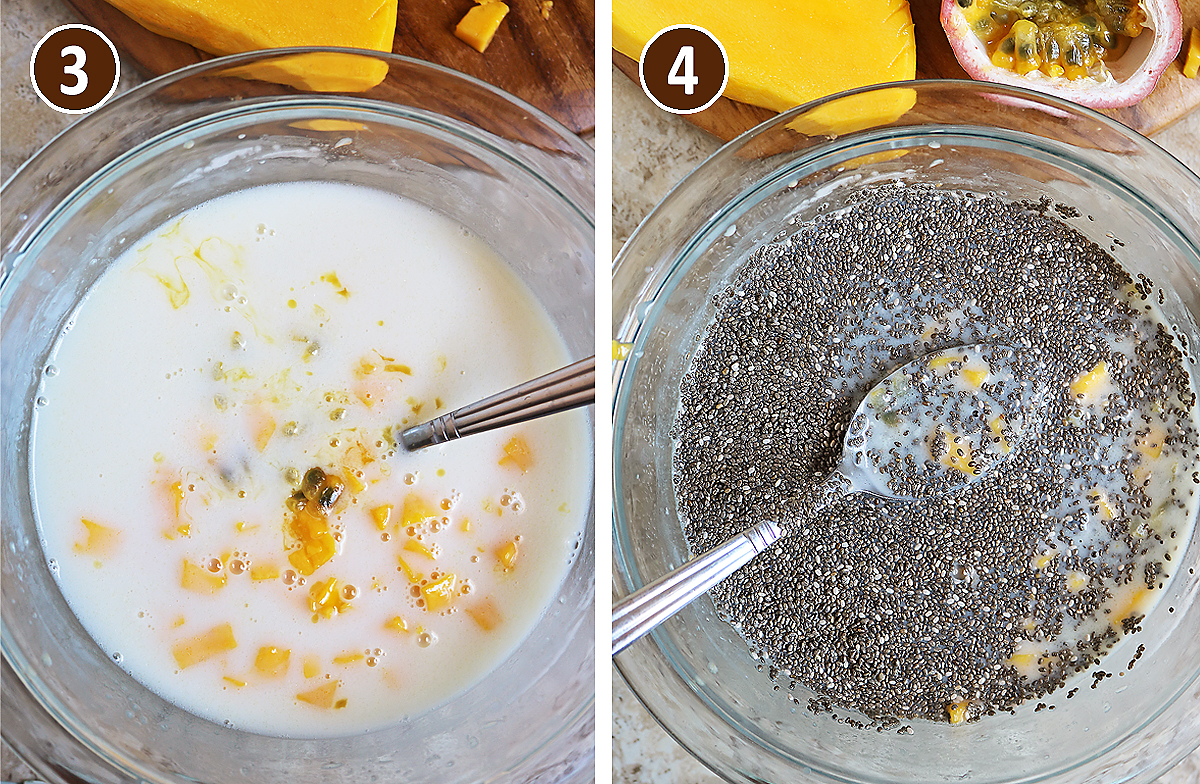 Step 3 and step 4 to make mango passionfruit white chocolate chia pudding