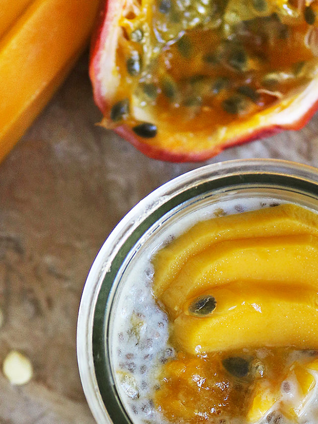 Delicious 5-ingredient mango passionfruit white chocolate chia pudding
