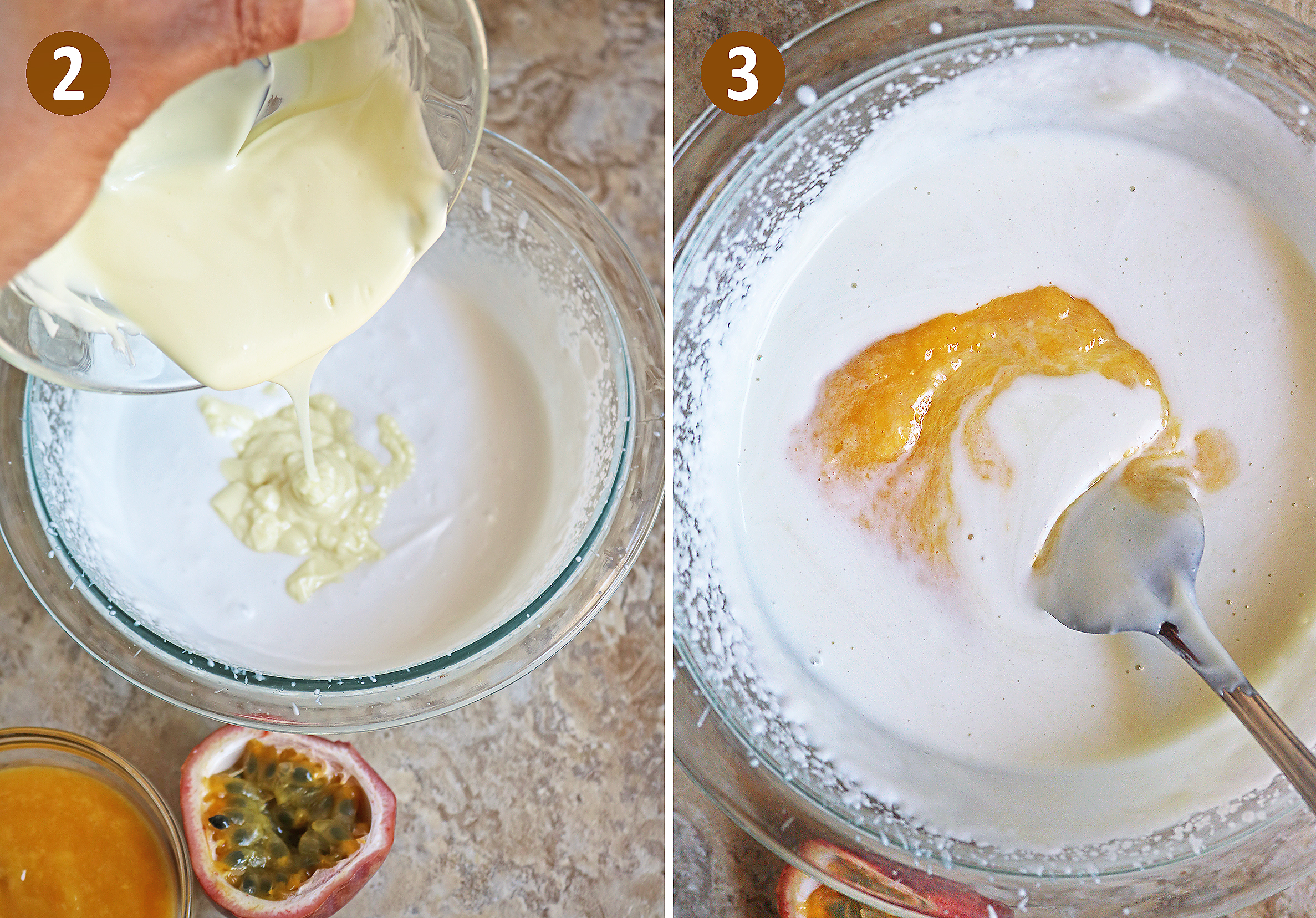 Steps 2 and 3 in making this mango passionfruit pudding.