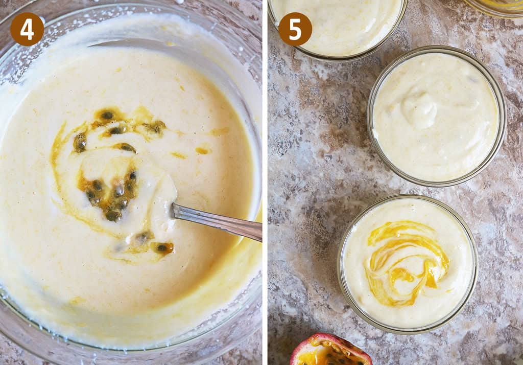 Steps 4 and 5 in making this passionfruit mango mousse.