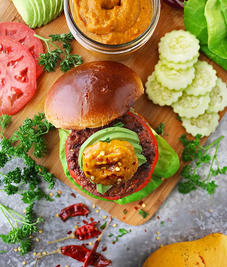 Delicious Veggie Burger with easy spicy mango sauce and fixings