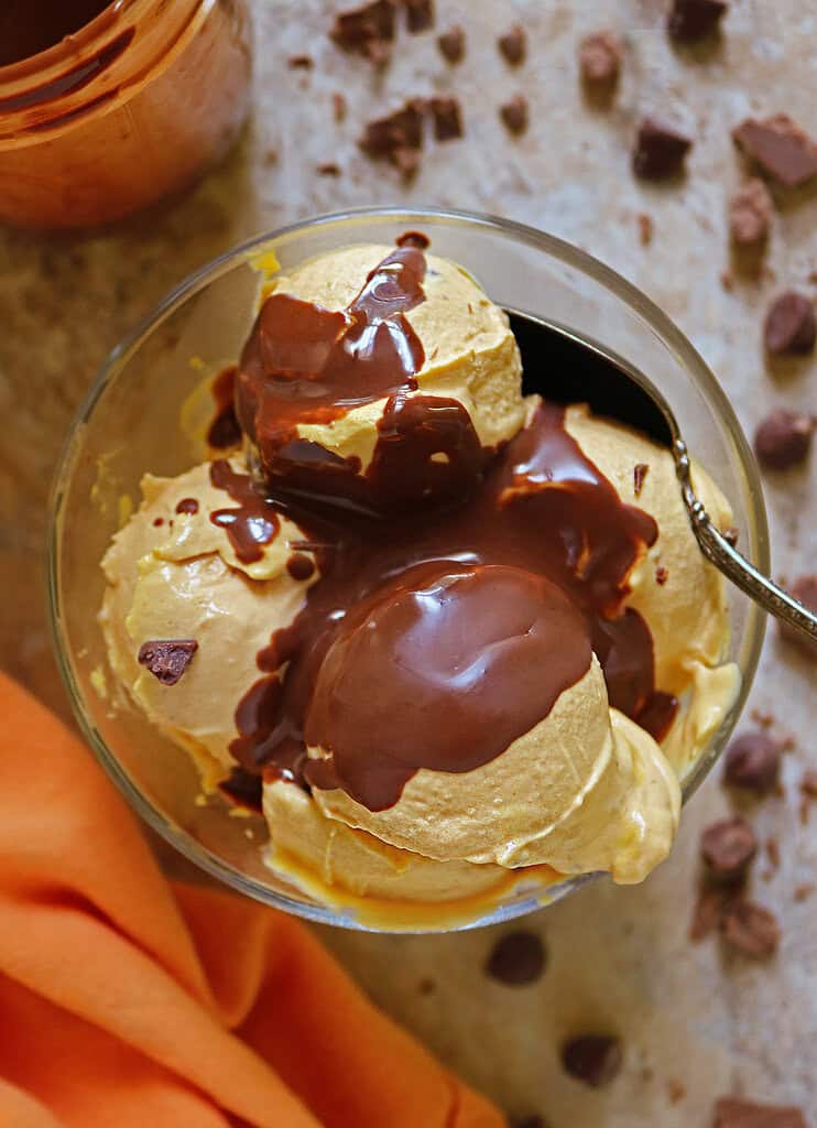 Easy 6 ingredient Dairy free ninja creami pumpkin ice cream with Collagen AND HOMEMADE CHOCOLATE HARDSHELL.