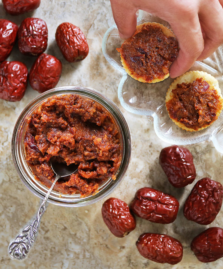 Tasty Easy Chutney made with Chinese Jujube Fruit smeared on a cracker.