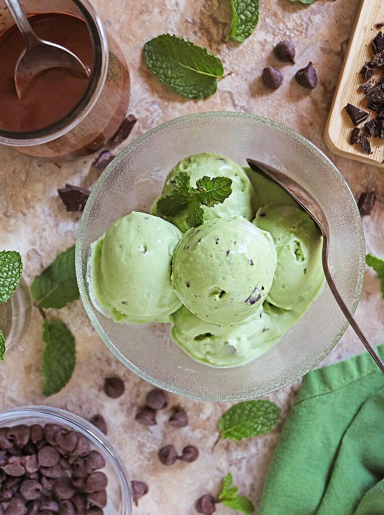 Dairy-free ninja creami mint chocolate chip ice cream with homemade chocolate hardshell by it.